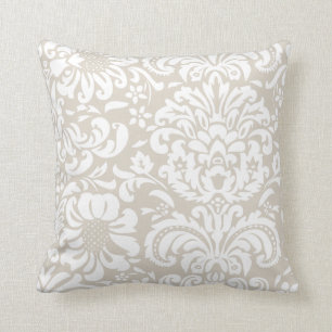Linen Beige och White Blommigt Damask Kudde