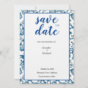 Linen Bröllop Blommigt Blue White Spara Date Datumet