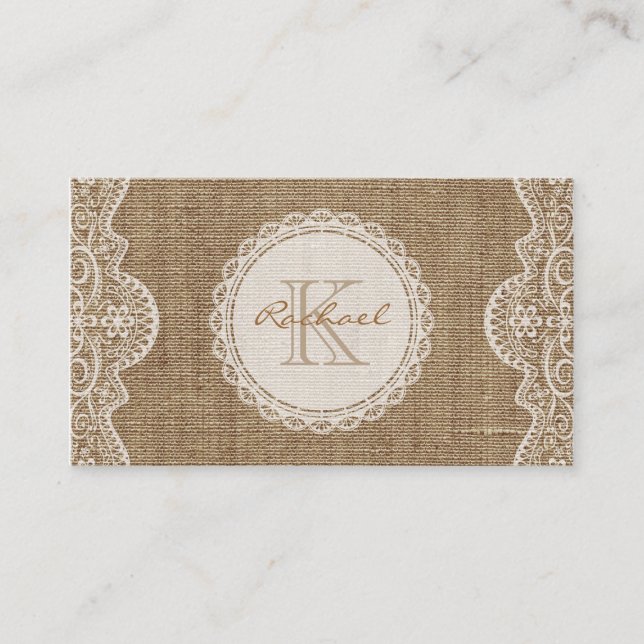Linen Burlap White Snöre Monogram personlig kontak Visitkort (Framsida)
