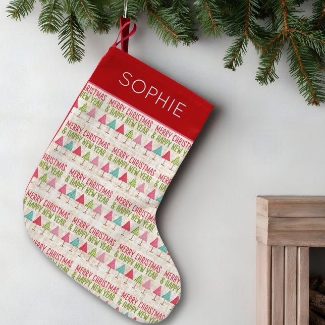Linen Christmas Trees – Red Green Design Liten Julstrumpa (Skapare uppladdad)