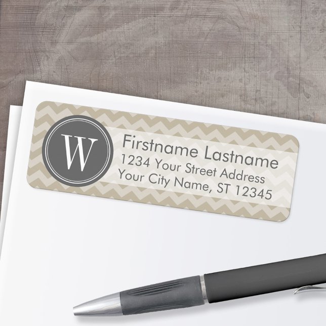 Linen & Grått Chevron Mönster med Monogram Returadress Etikett (Custom Return Address Labels - Low Minimum)