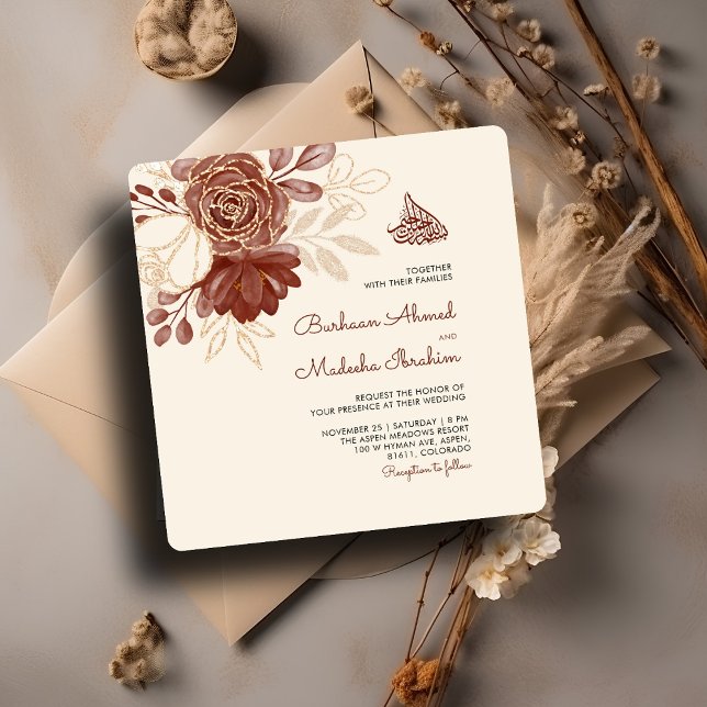 Linen guld glitter blommigt  Islamic Wedd Inbjudningar (Skapare uppladdad)