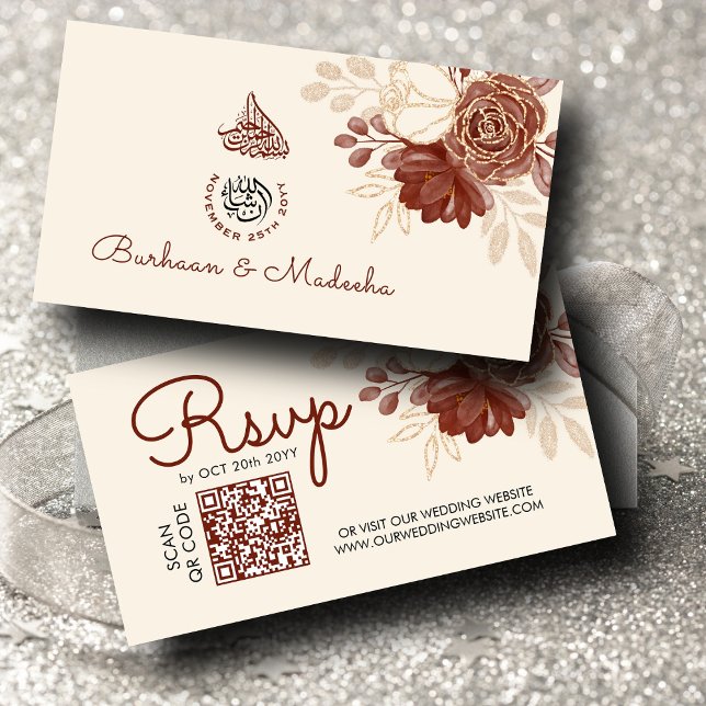 Linen guld glitter QR OSA Islamic Bröllop Tilläggskort (Skapare uppladdad)