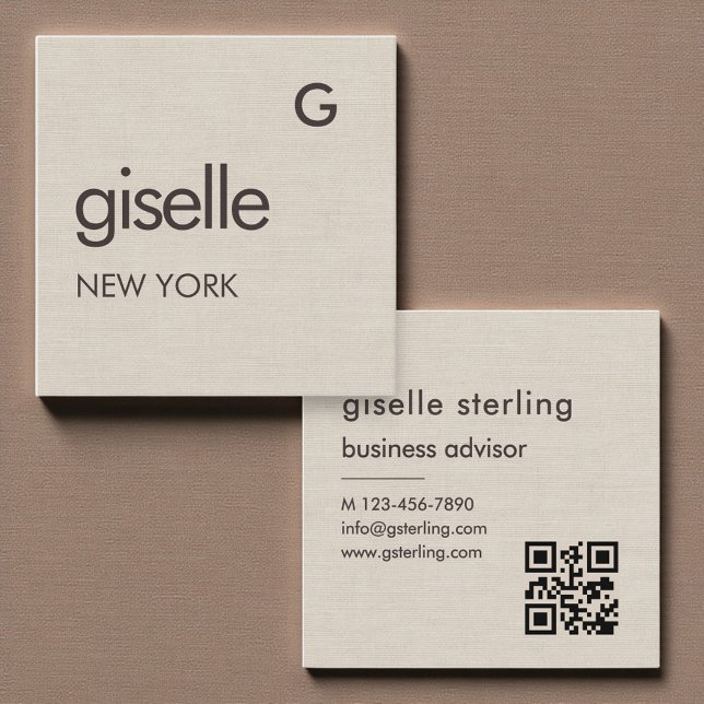 Linen Monogram QR-kod Minimalistisk  Fyrkantigt Visitkort (Skapare uppladdad)