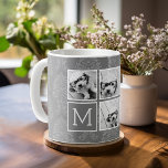 Linen och Grått Instagram 5 Photo Collage Monogram Kaffemugg<br><div class="desc">Pastel Beige and Charcol Anpassningsbar Damask Pattern - Använda fem fyrkantiga foton för att skapa en unik och personlig gåva. Eller så kan du behålla hipstervalpen och göra ett trendig till keepy. Du kan också lägga till foton av markeringar i bröllop för en minnesvärd keepé. Om du behöver justera bilder...</div>