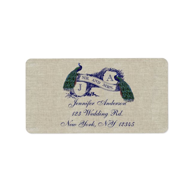 Linen Peacock Rustic Bröllop OSA Labels Adressetikett (Framsidan)