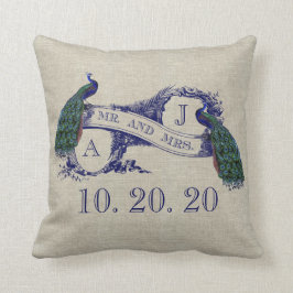 Linen Peacock Rustic Bröllop Pillow Kudde