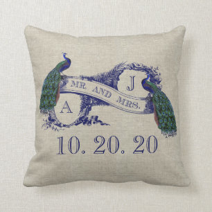 Linen Peacock Rustic Bröllop Pillow Kudde