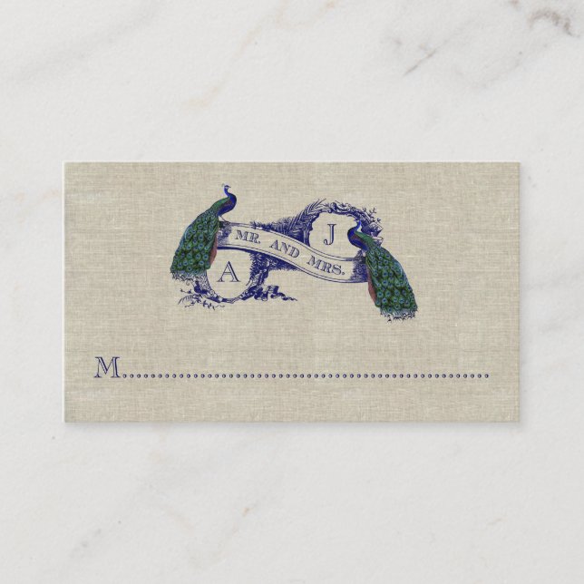 Linen Peacock Rustic Bröllop Place Card Placeringskort (Framsida)