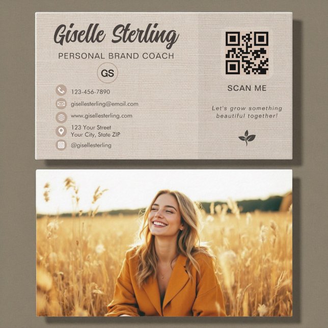 Linen QR-kod Foto Monogram Sociala Medier  Visitkort (Skapare uppladdad)