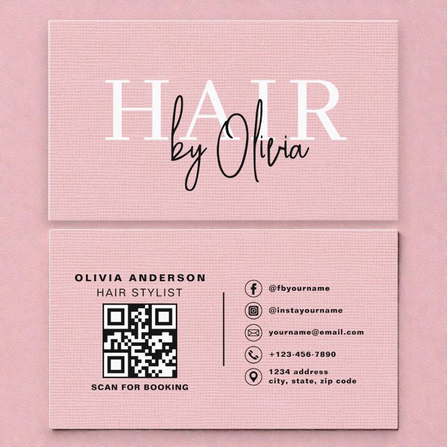 Linen QR-kod Frisör Rosa Typografi  Visitkort (Skapare uppladdad)