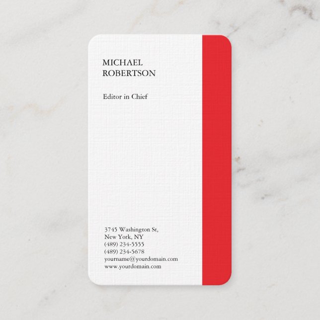 Linen Red White Minimalist Professionell Plain Visitkort (Framsida)