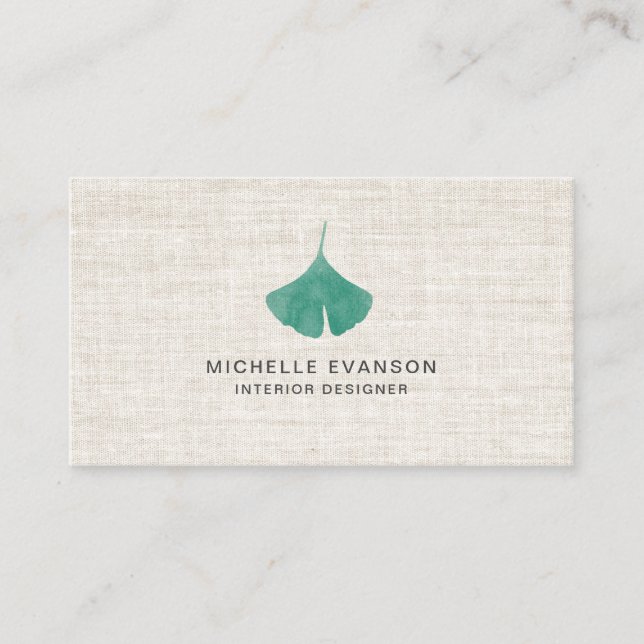 Linen Teal Grönt Ginkgo Löv Elegant Visitkort (Framsida)