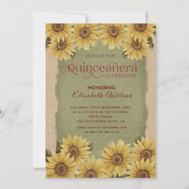 Linen vintage solrosgrönt Quinceañera Inbjudningar (Framsida)