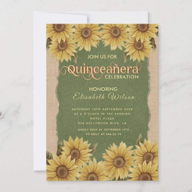Linen vintage solrosgrönt Quinceañera Invati Inbjudningar (Framsida)