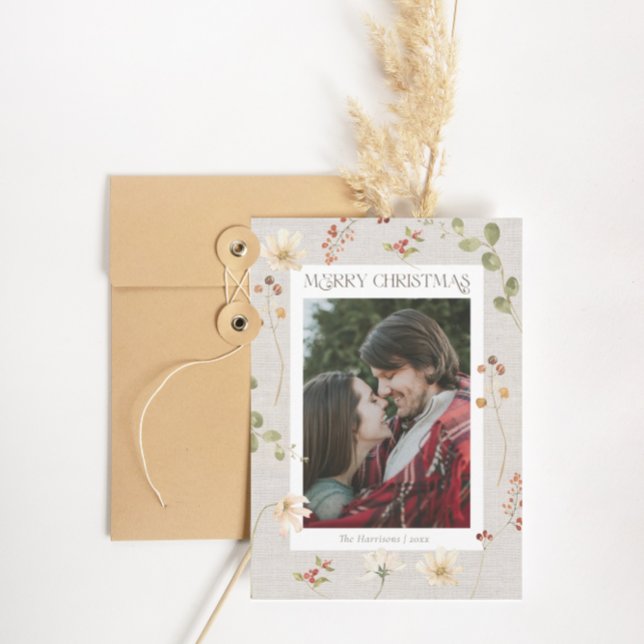 Linen Watercolor Blommigt God jul Julkort (Skapare uppladdad)