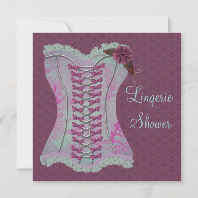 Lingerie Bröllopsdusch Plommon Teal Korsett Damask Inbjudningar (Framsida)