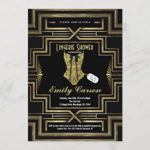 Lingerie dusch Black och guld art deco party Inbjudningar