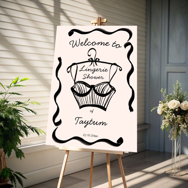 Lingerie möhippa vågigt välkomsttecken för gräns poster (Lingerie bridal shower wavy border welcome sign poster template instant download personalized decor)