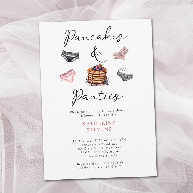 Lingerie Party Pancakes Panties Rosa Möhippa Inbjudningar (panties pancakes lingerie shower invitation bridal watercolor pink black sexy sweet elegant classy)
