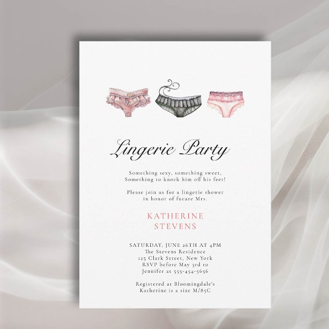 Lingerie Party Rosa Black Watercolor Möhippa Inbjudningar (lingerie bridal shower invitation pink black underwear watercolor)