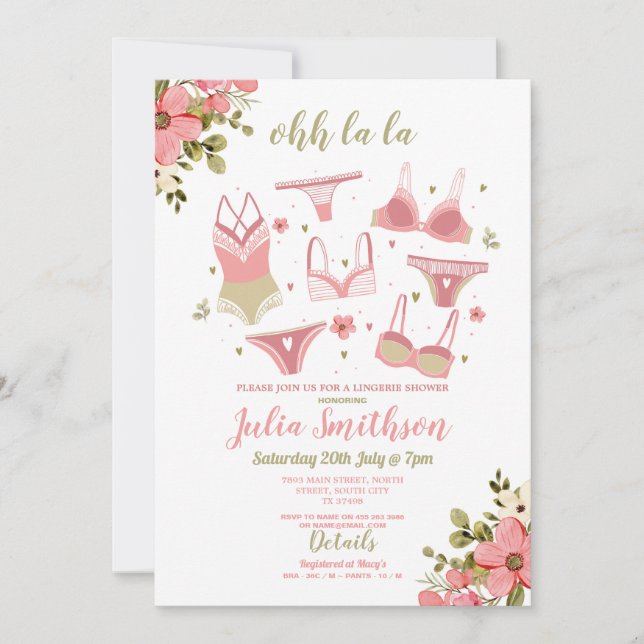 Lingerie Shower Brudens sida Blommigt Feminine Ros Inbjudningar (Framsida)