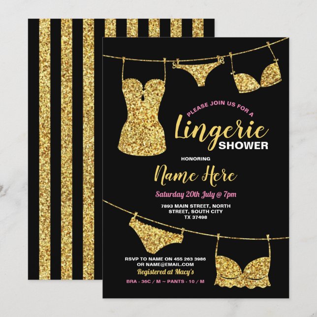 Lingerie Shower Brudens sida Guld Glitter Rosa Inbjudningar (Fram/baksida)
