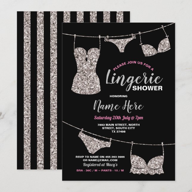 Lingerie Shower Brudens sida Silver Glitter Rosa Inbjudningar (Fram/baksida)