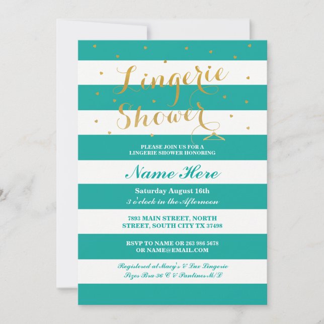 Lingerie Shower Rand Teal Guld Party Inbjudan (Framsida)