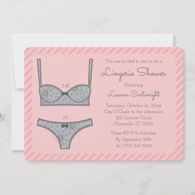 Lingerie Shower Rosa Rand med Grått-inbjudan Inbjudningar (Framsida)