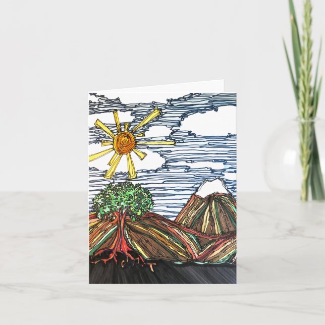 Linjär konst w/Mountain, Träd, Sunshine, Hand ploc Kort (Framsida)