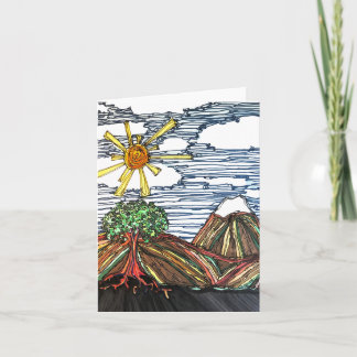 Linjär konst w/Mountain, Träd, Sunshine, Hand ploc Kort