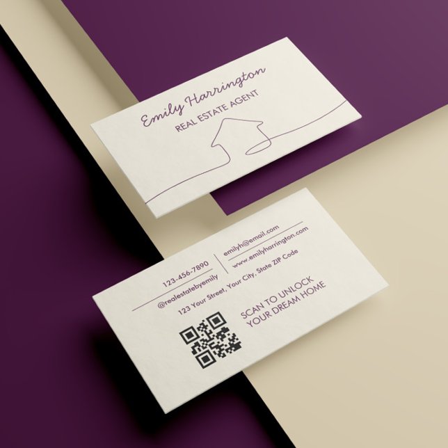 Linje Art QR-kod Plommon Fastighetsmäklare Visitkort (Skapare uppladdad)