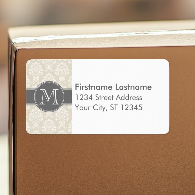Linjé Beige och Kolgrå Damastmönster Adressetikett (Custom Shipping Label with Return Address)