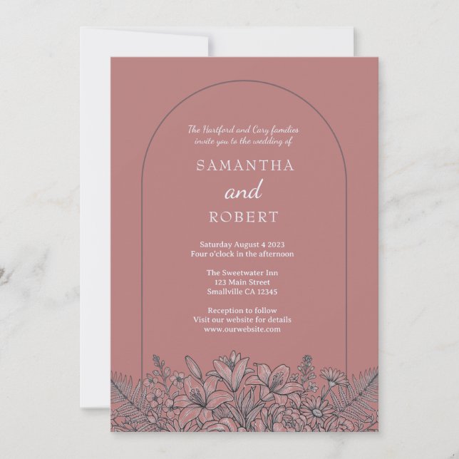 Linje konst Blommig dammig rosa bröllop  Inbjudningar (Framsida)