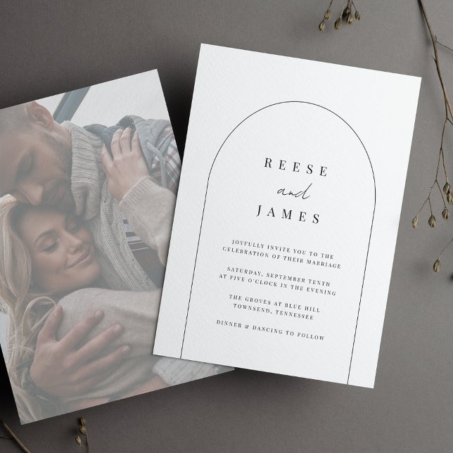 Linjebåge | Modern, minimalt inmatat foto Bröllop Inbjudningar (Modern minimalist photo wedding invitation)