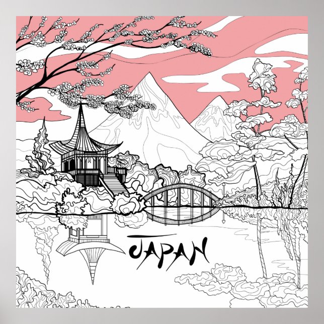 Linjefärgning av det japanska Temple-berget Sjö Poster (Framsidan)