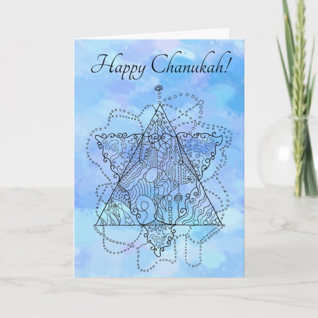 Linjekonst på blått för Chanukah/Hanukkah Helgkort (Framsida)