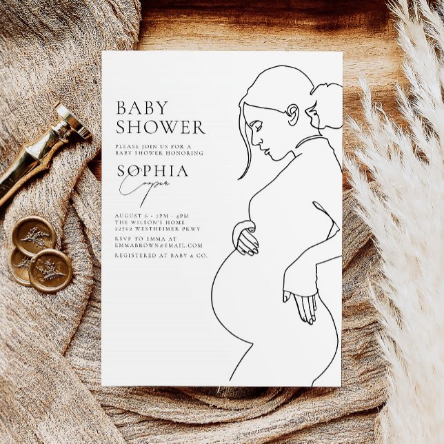 Linjekonturens Gravid är enkel, minimalt babyvisni Inbjudningar (Skapare uppladdad)