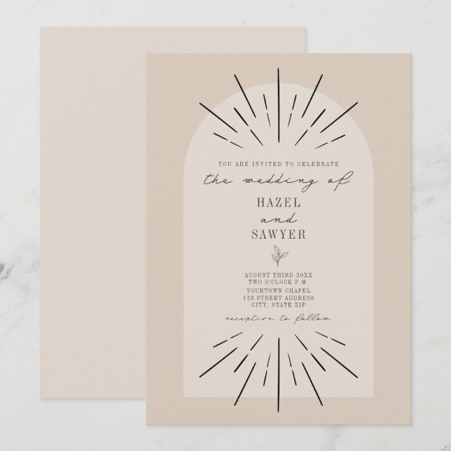 Linjekonturskript Tan Desert Minimalist Bröllop Inbjudningar (Fram/baksida)