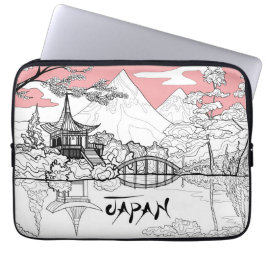 Linjemålad japansk tempelsjöberg laptop fodral