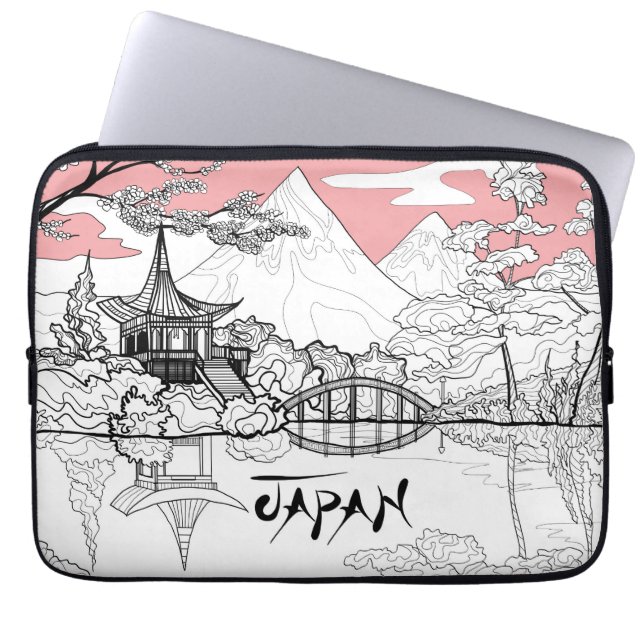 Linjemålad japansk tempelsjöberg laptop fodral (Framsidan)