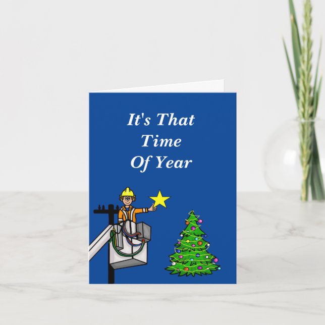 Linjeman i hink sätter stjärna på julgran kort (Framsida)