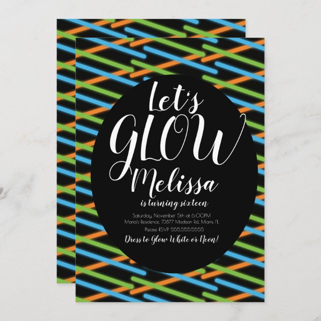 Linjer födelsedag Konfetti Neonglöd i Mörken Inbjudningar (Fram/baksida)