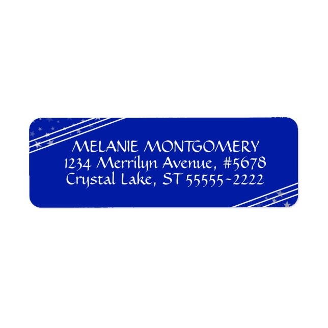 Linjer och stjärnor | Redigerbart Royal blått Returadress Etikett (Framsidan)