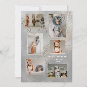 Linjeritad Guld Löv Glam Silver 6-Photo Helgdag Julkort