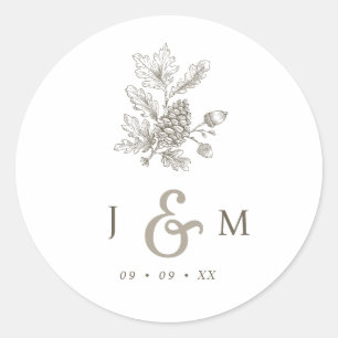 Linjeritad Pinecone & Acorns Monogram Fall Wedding Runt Klistermärke
