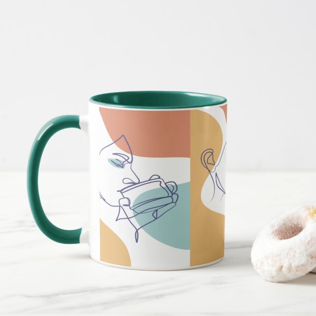 linjeteckning affisch av kvinna som dricker kaffe  mugg (Med munk)