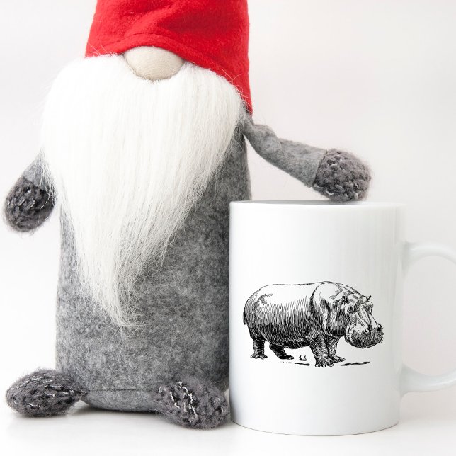 Linjeteckning Flodhäst Svart och Vitt Kaffemugg (Line Drawing Hippopotamus Black and White Coffee Mug)
