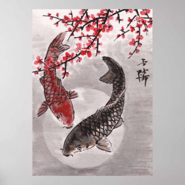 LinLi Chinese Watercolor Art Print - KOI Fish #1 Poster (Framsidan)